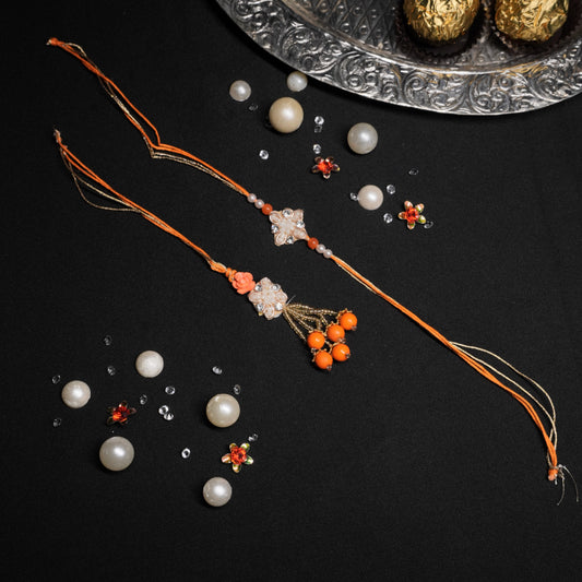 Orange Zardozi Small Booti Lumba Rakhi set