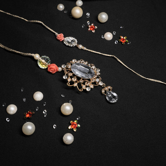 Big Glass Crystal and rhinestones Rakhi with quartz roses