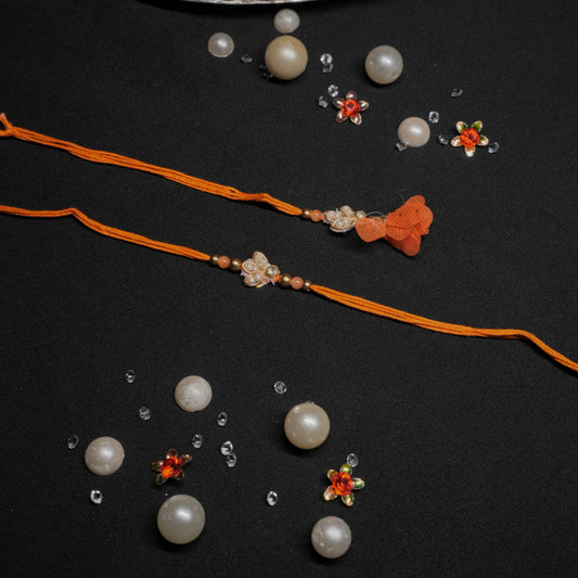 Small Zardozi Booti Orange Lumba Rakhi Set