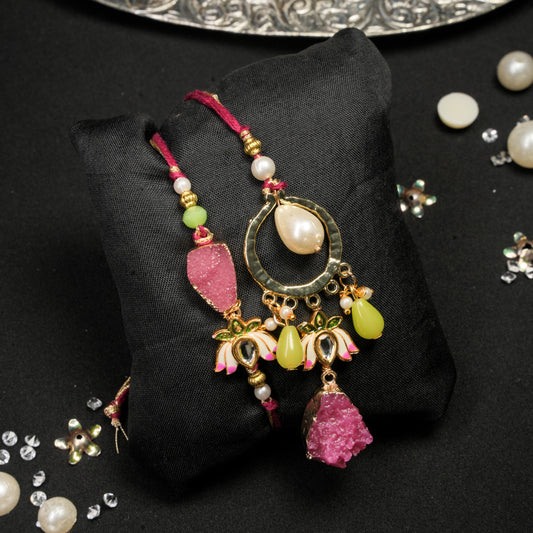 Meena Lotus and agate drop Lumba Rakhi Set
