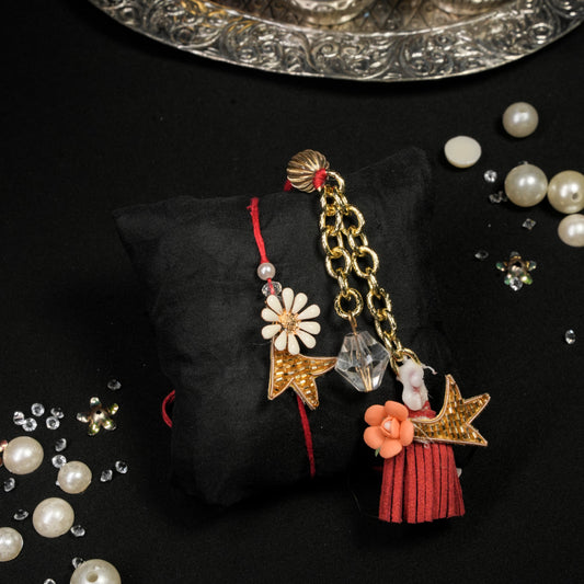 Pretty Zardozi Lumba Rakhi Set with leather tassel