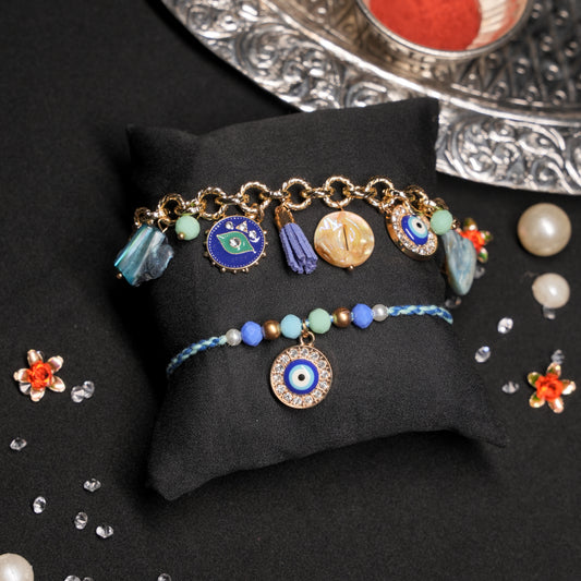 Evil Eye Charms and Stones Chain Braclet with Rakhi