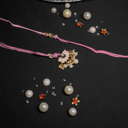 Pink Meena Lotus Lumba and Kundan Rakhi Set