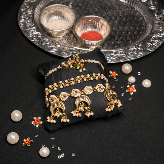 Kundan Moti Hanging Braclet with Rakhi